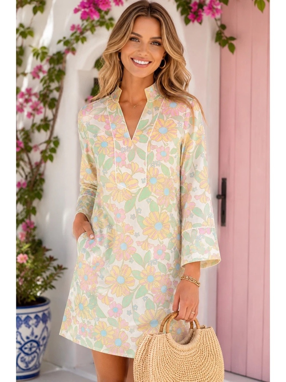 Sail to Sable I Retro Pastel Floral V-Neck Tunic Dress (Large)